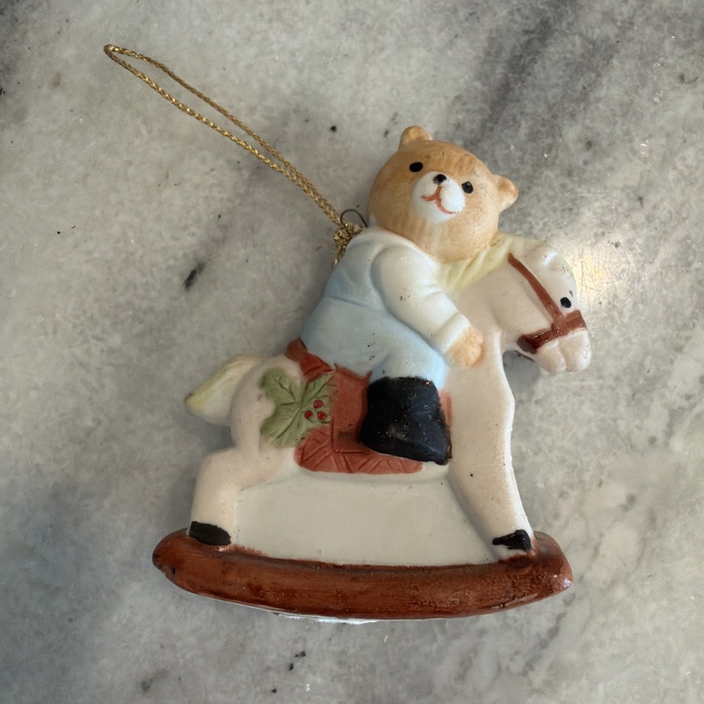 Porcelain Bisque Rocking Horse Teddy Bear Christmas Tree Ornaments Vintage GWB01